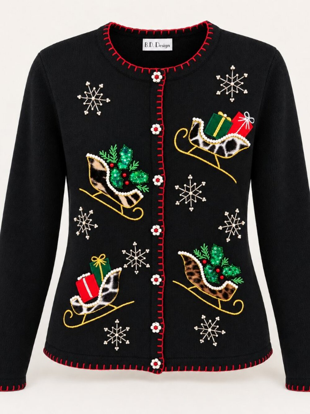 Vintage B.P. Design Black Christmas Cardigan Beaded Sequin Santa Sleigh Sweater